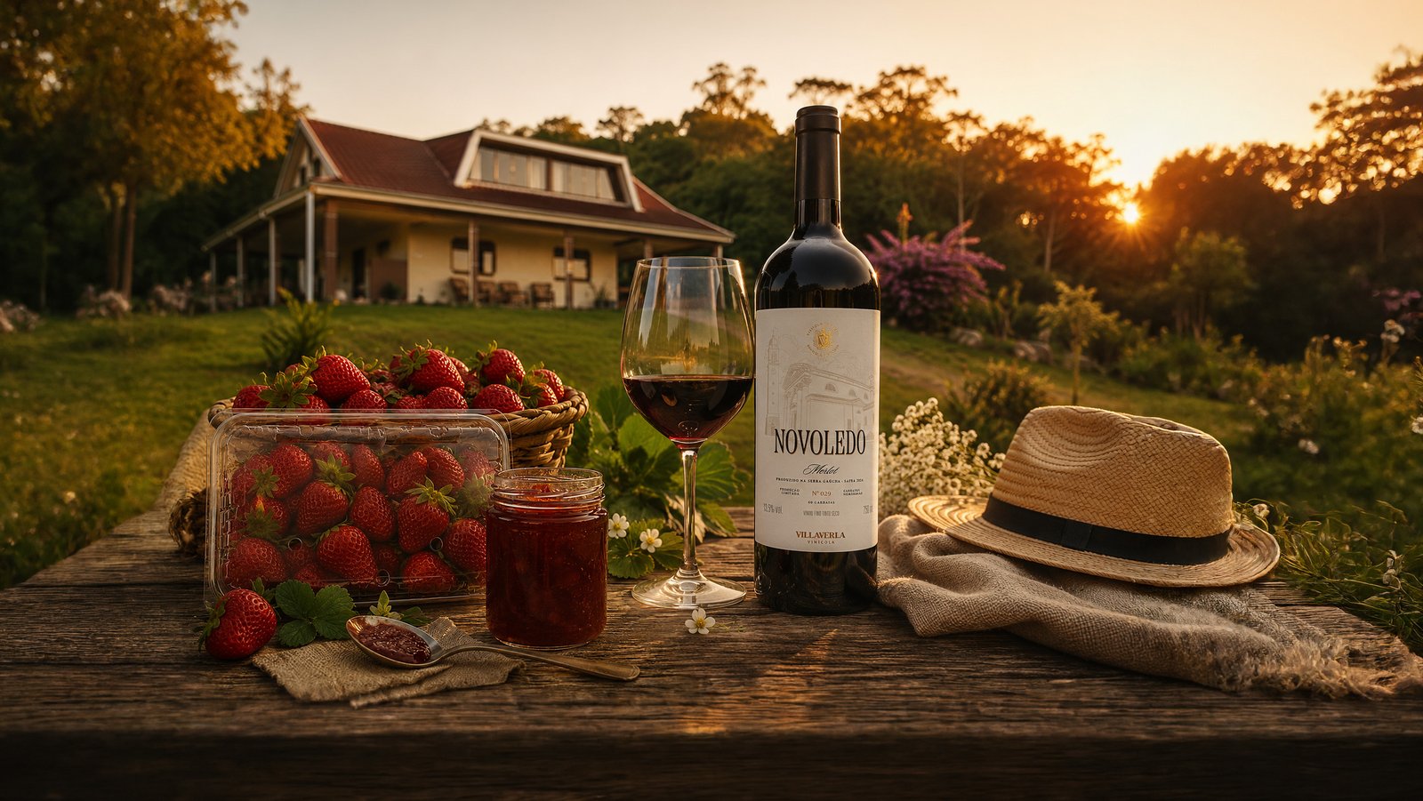 Morangos, geleia de morango e o vinho Novoledo, com a Casa de Campo Villaverla ao fundo